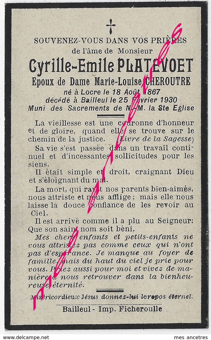 En 1930-Locre Et Bailleul (59)  Cyrille PLATEVOET Ep Marie Louise CHEROUTRE Né 1867 - Décès