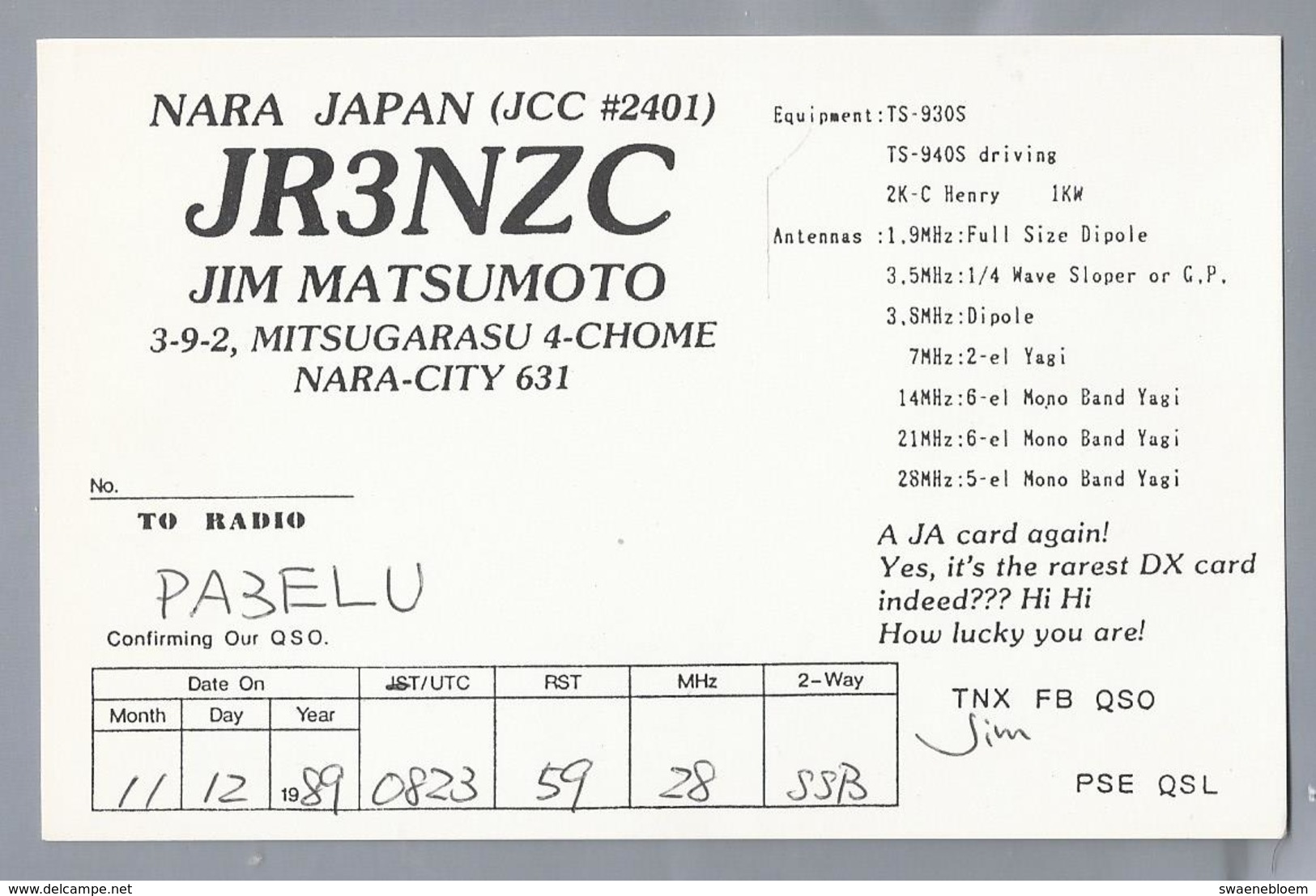 JP.- QSL KAART. CARD. JAPAN. JR3NZC. JIM MATSUMOTO, NARA - CITY. - Radio-amateur