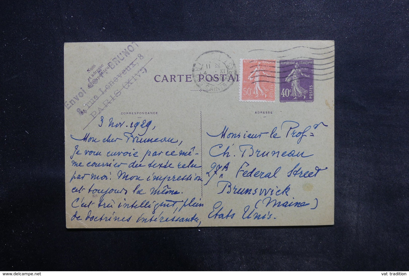 FRANCE - Entier Postal Type Semeuse + Complément De Paris Pour Les Etats Unis En 1929 - L 35763 - Cartes Postales Types Et TSC (avant 1995)