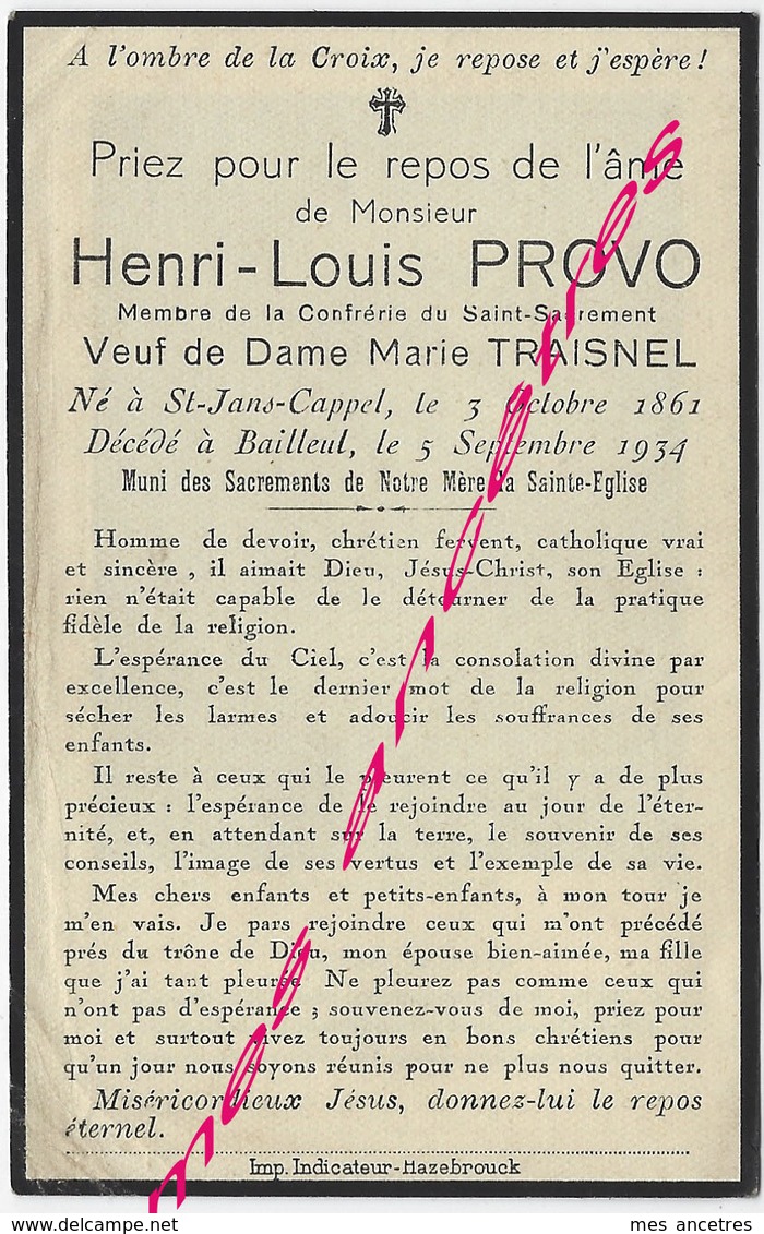 En 1934-Saint Jans Cappel Et Bailleul (59)  Henri PROVO Ep Marie TRAISNEL Membre Confrérie Saint Sacrement - Décès