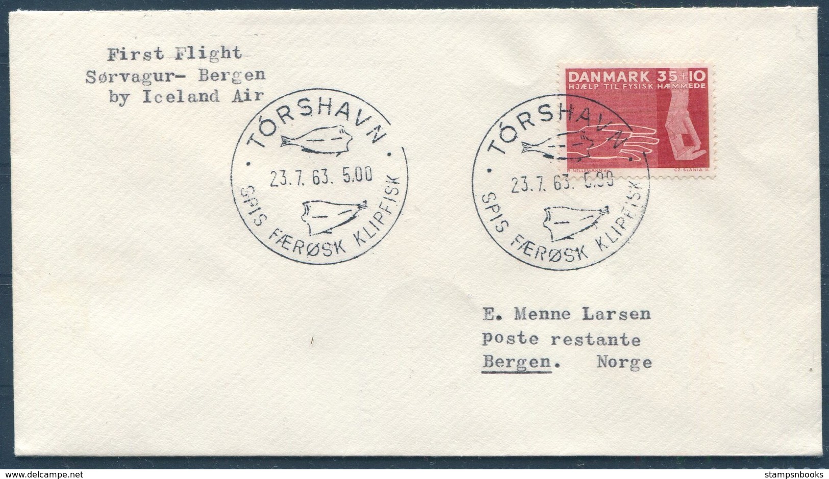 1963  Faroe Islands / Norway First Flight Cover Sorvagur - Bergen. Iceland Air - Faroe Islands