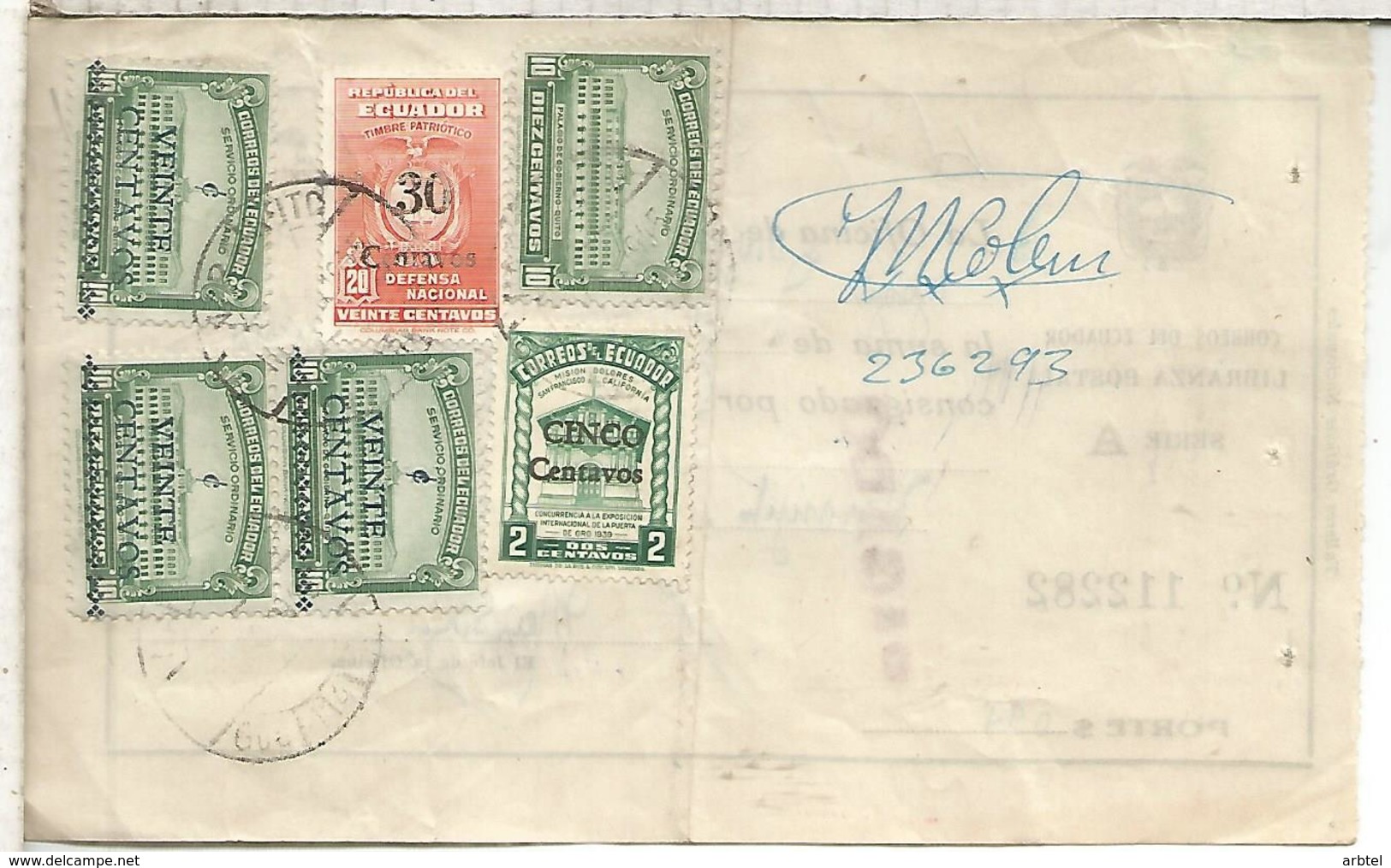 ECUADOR LIBRANZA POSTAL 1945 QUITO - Ecuador