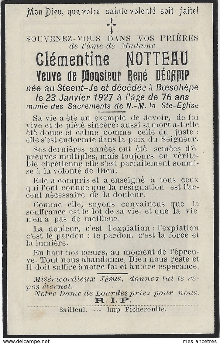 En 1927-Steent-Je Et Boeschèpe (59) Clémentine NOTTEAU Ep René DECAMP - Décès