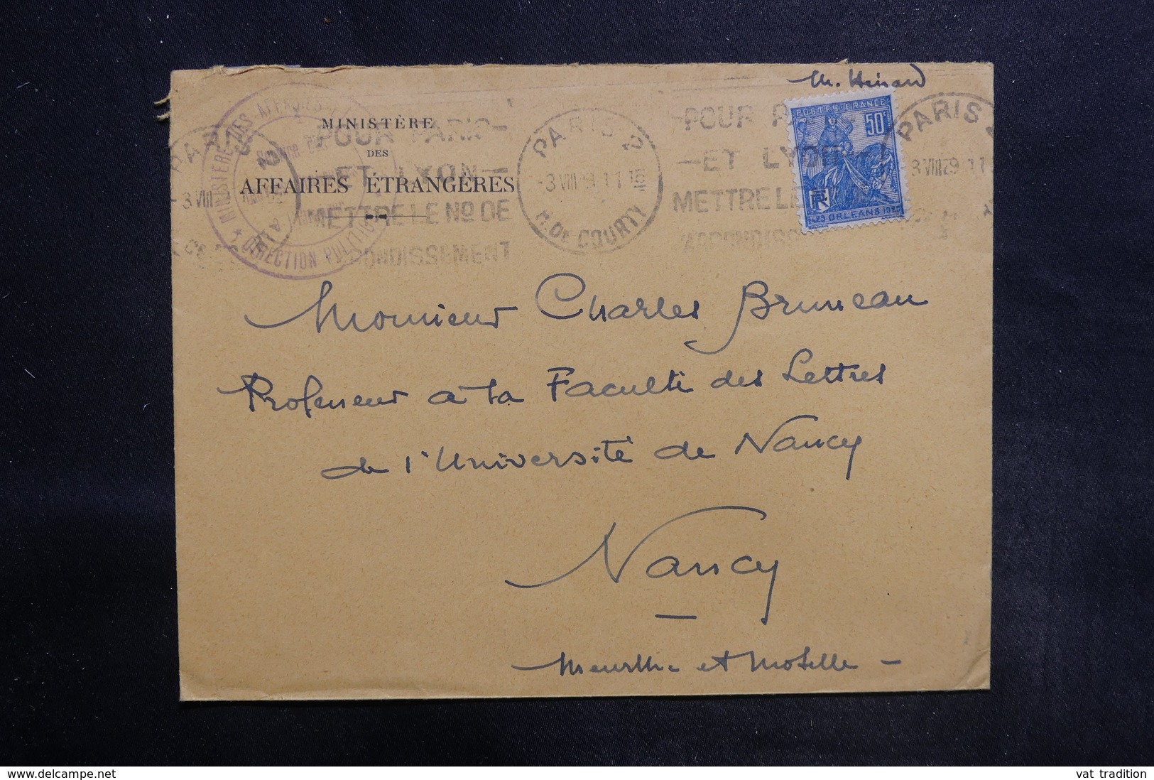 FRANCE - Enveloppe Du Ministère Des Affaires Etrangères Pour Nancy En 1929 - L 35771 - 1921-1960: Modern Period