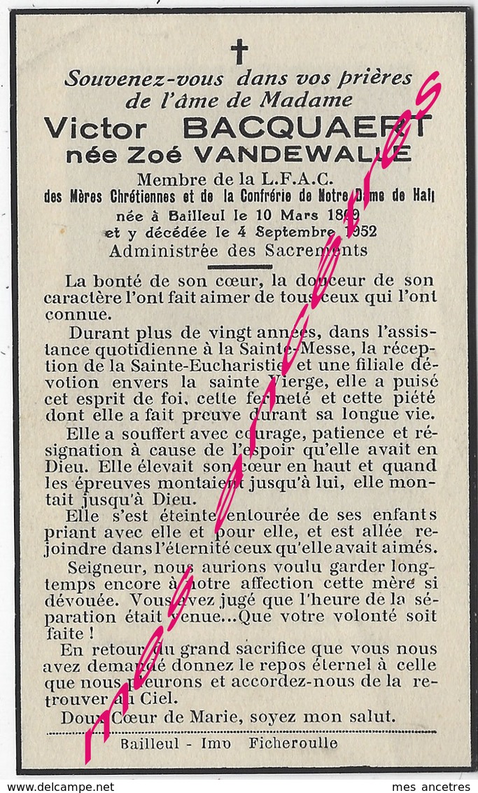 En 1952-Bailleul (59) Zoé VANDEWALLE Ep Victor Bacquaert Membre LFAC -mères Chrétiennes Et Notre Dame Du Hal - Avvisi Di Necrologio