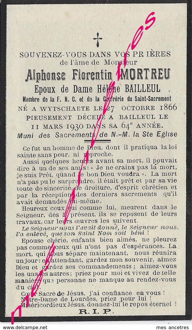 En 1930 Wytschaete Et Bailleul  (59) Alphonse MORTREU Ep Hélène BAILLEUL Membre FNC Et Confrérie - Décès