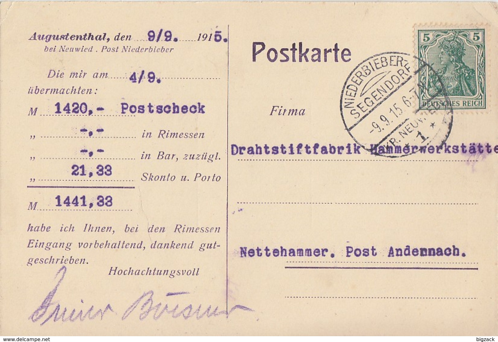 DR Karte EF Minr.85 KOS Niederbieber-Segendorf 9.9.15 Kr. Neuwied - Briefe U. Dokumente