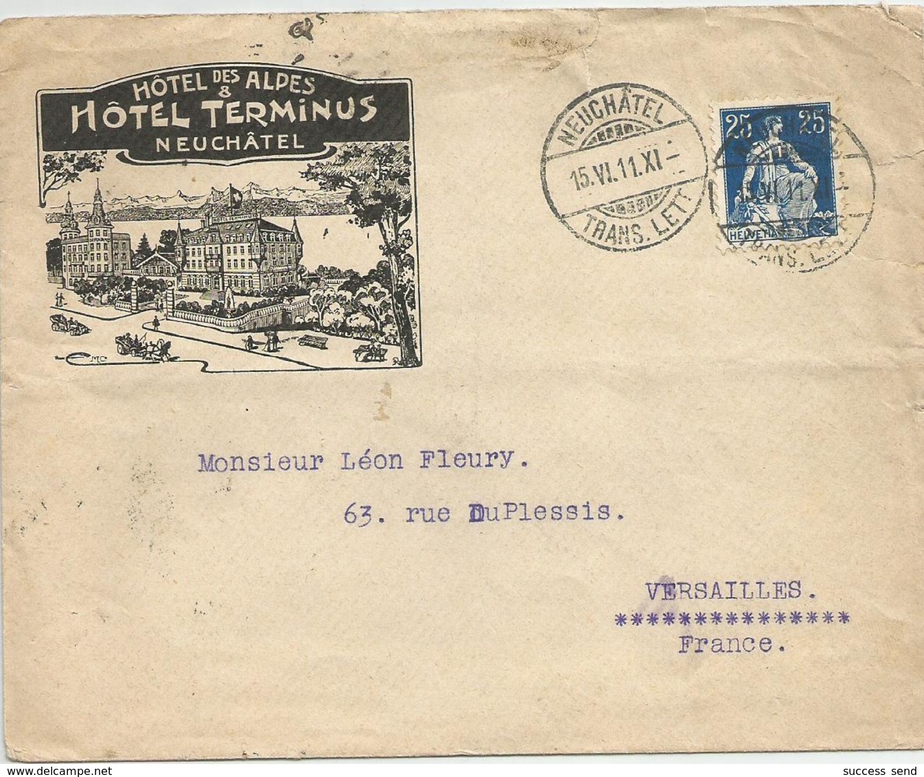 SUISSE 1911 HOTEL TERMINUS NEUCHATEL Enveloppe - Cartas & Documentos