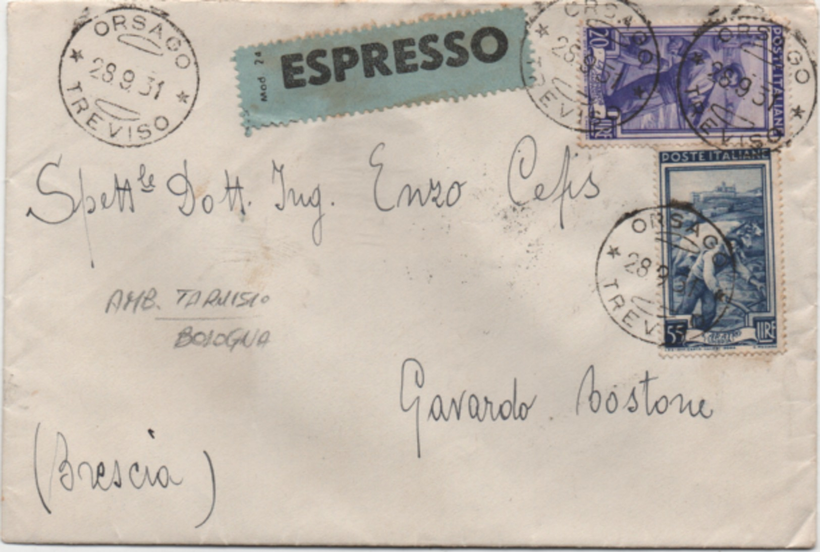 Italia Al Lavoro £. 20 + £. 55 Su Espresso Con Annullo Orsago (Treviso) 28.09.1951 - 1946-60: Storia Postale