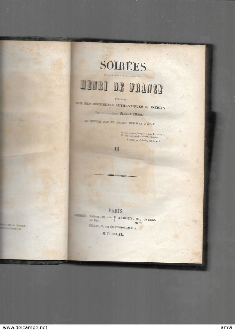 1840 - Soirées De S. A. R. Mgr. Le Duc De Bordeaux, Henri De France 2 Vol - De Etienne-Léon Baron De Lamothe-Langon - 1801-1900