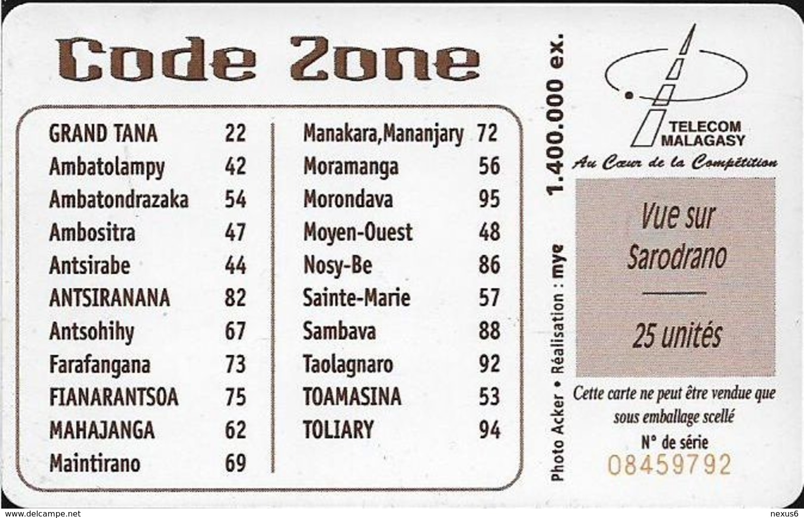 Madagascar - Telecom Malagasy - Vue Sur Sarodrano - 25Units, Chip Solaic, 1.400.000ex, Used - Madagascar