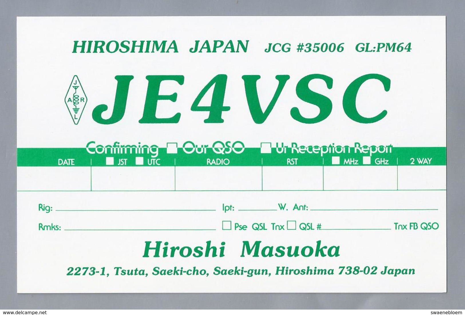 JP.- QSL KAART. CARD. JAPAN. JE4VSC. HIROSHI MASUOKA. HIROSHIMA. JARL. - Radio-amateur