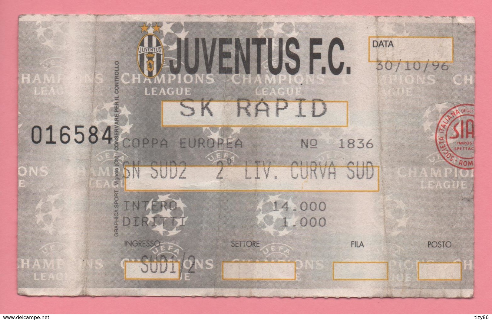 Biglietto D'ingresso Stadio Juventus Sk Rapid 1996 - Biglietti D'ingresso