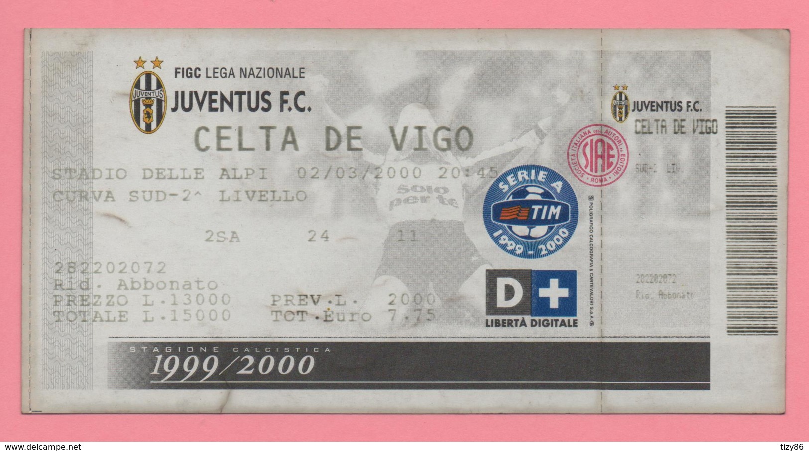 Biglietto D'ingresso Stadio Juventus Celta De Vigo 2000 - Eintrittskarten