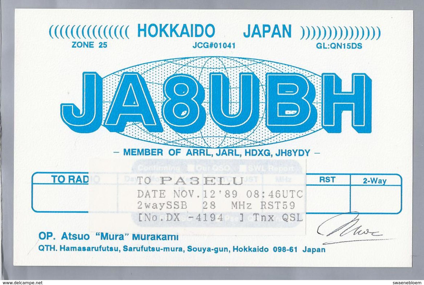 JP.- QSL KAART. CARD. JAPAN. JA8UBH. OP: ATSUO - MURA - MURAKAMI. HOKKAIDO. - Radio-amateur