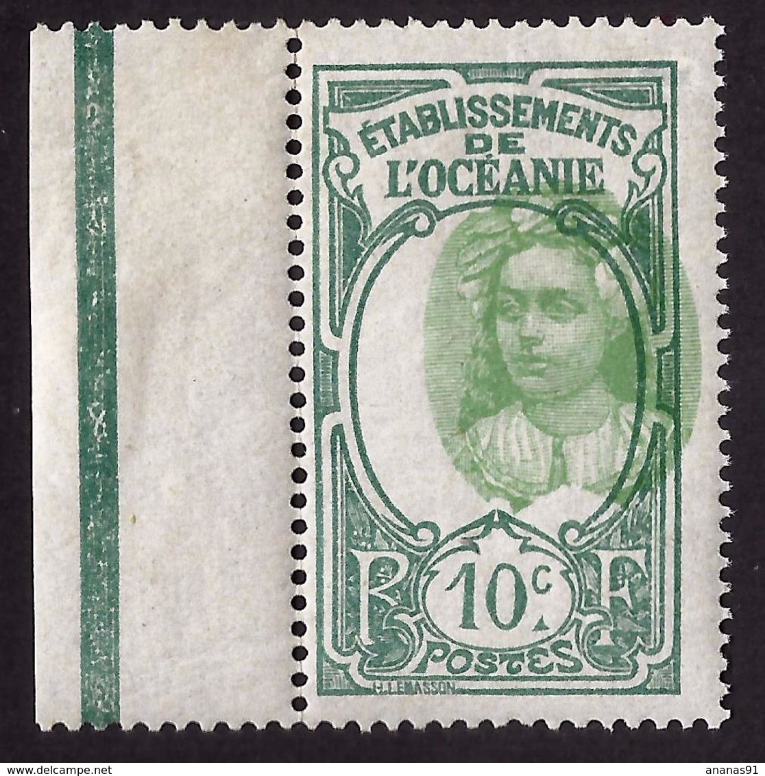 OCEANIE - Nº49 - VARIETE - TAHITIEENNE 10C VERT CENTRE TRÈS DÉPLACE 1922 - Neufs