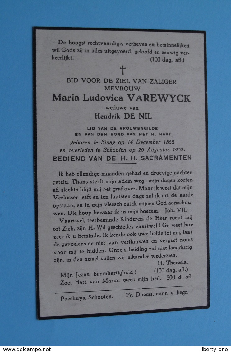 DP Maria VAREWYCK ( Hendrik DE NIL ) SINAY 14 Dec 1862 - Schooten 26 Aug 1932 ( Zie / Voir Photo ) ! - Avvisi Di Necrologio