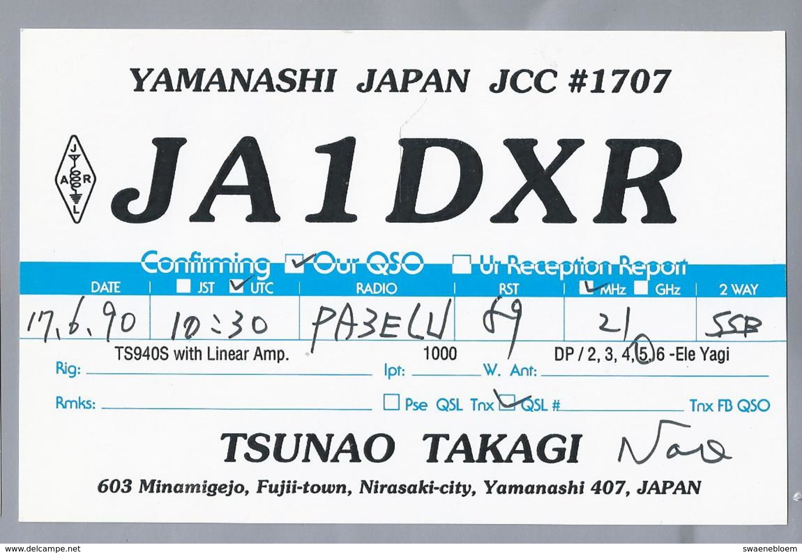 JP.- QSL KAART. CARD. JAPAN. JA1DXR. TSUNAO TAKAGI. NIRASAKI - CITY. YAMANASHI. JARL. - Radio Amateur