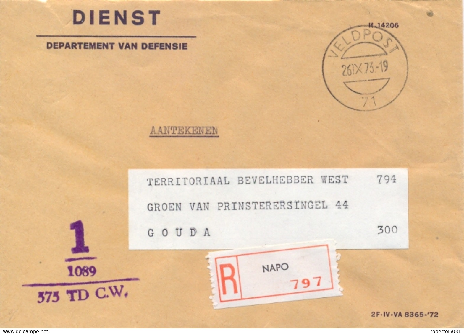 Netherlands 1973 Registered Cover From NAPO Army Post Office 71 - Militaria