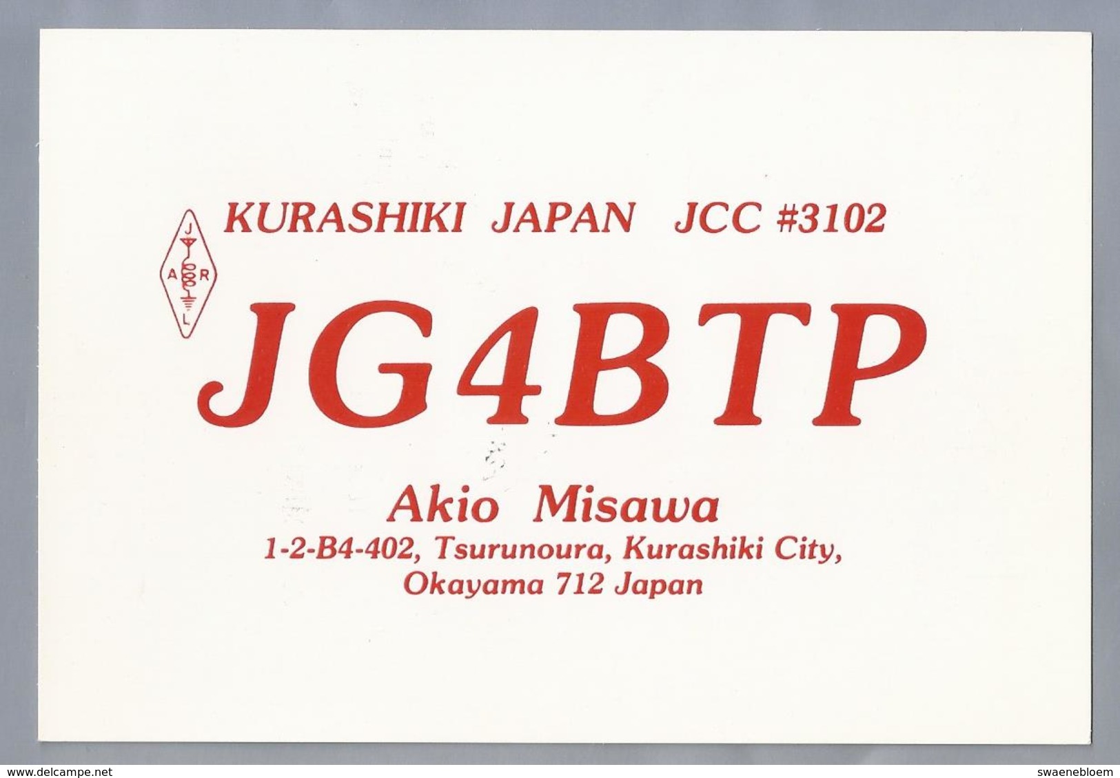 JP.- QSL KAART. CARD. JAPAN. JG4BTP. AKIO MISAWA. KURASHIKI CITY. OKAYAMA. JARL. - Radio-amateur