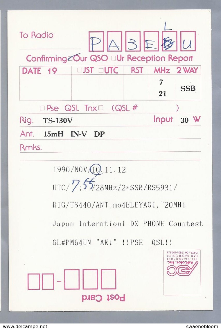 JP.- QSL KAART. CARD. JAPAN. JG4BTP. AKIO MISAWA. KURASHIKI CITY. OKAYAMA. JARL. - Radio-amateur