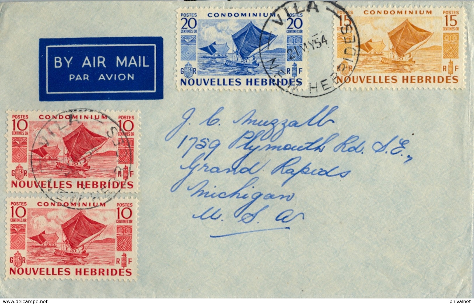 1954 NOUVELLES HEBRIDES / NEW HEBRIDES , SOBRE CIRCULADO VILA - MICHIGAN , CORREO AÉREO , CANOAS A VELA - Cartas & Documentos