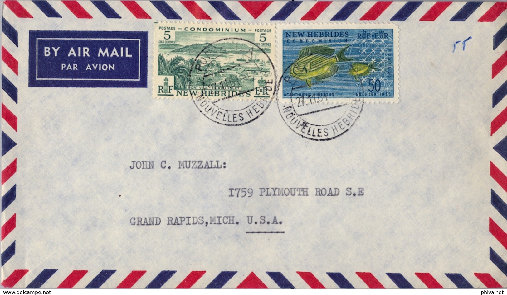 1964 NOUVELLES HEBRIDES / NEW HEBRIDES , SOBRE CIRCULADO PORT VILA - MICHIGAN , CORREO AÉREO, ACANTHUNUS , IRIRIKI ISLET - Cartas & Documentos