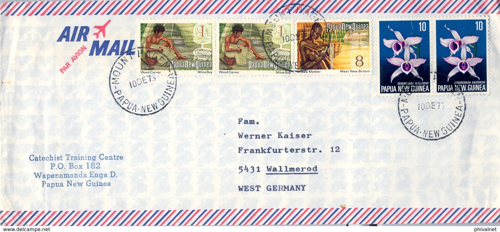 1975 , PAPUA NEW GUINEA , SOBRE CIRCULADO , CORREO AÉREO , MOUNT HAGEN - WALLMEROD , ARTESANIA , FLORES - Papúa Nueva Guinea