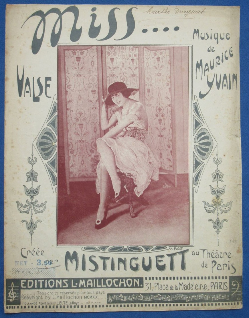 CAF CONC PIANO GF MAURICE YVAIN PARTITION MISS...VALSE MISTINGUETT PARIS 1920 ILL PIDOT +PHOTO STUDIO SIGNÉE - Autres & Non Classés