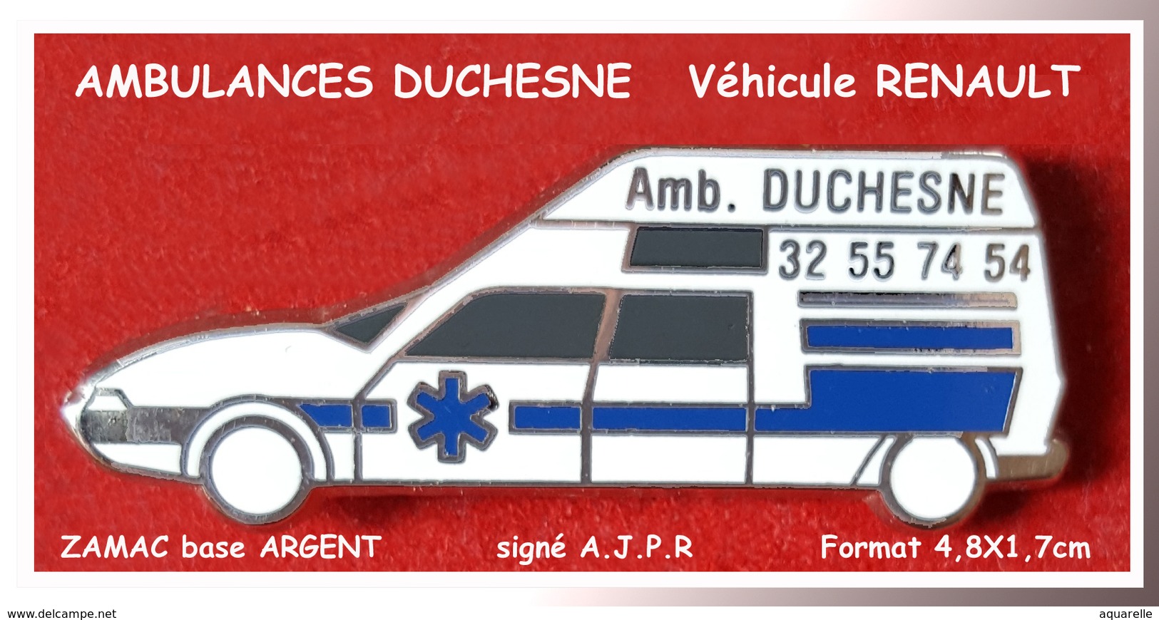 SUPER PIN'S RENAULT - MEDICAL : AMBULANCES DUCHESNE Avec Véhicule RENAULT En ZAMAC Base ARGENT  4,8X1,7cm - Renault