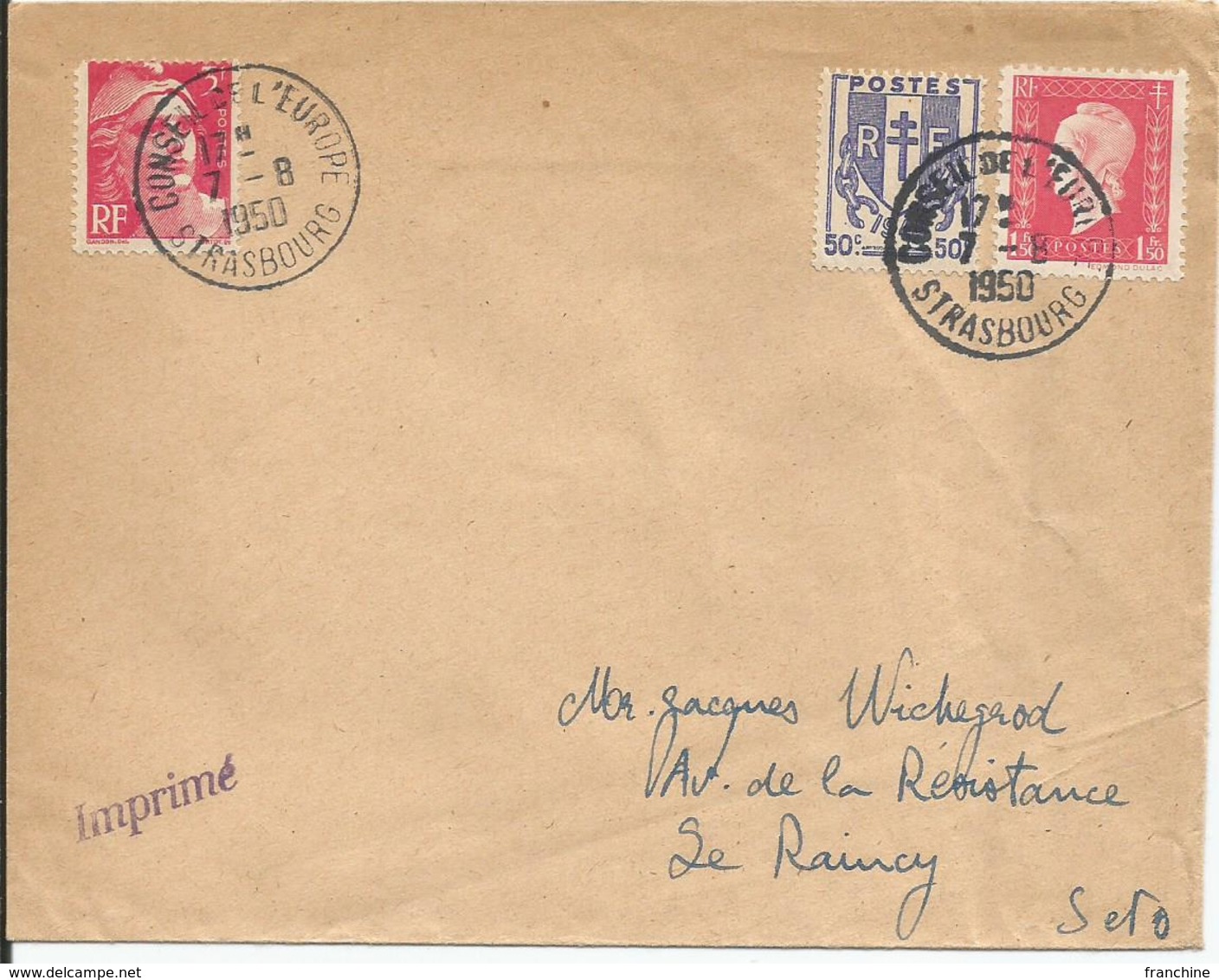 1950 - N° 670 + 691 + Complément Oblitérés Sur Lettre : CONSEIL DE L'EUROPE - STRASBOURG - 07/08/1950 - Covers & Documents