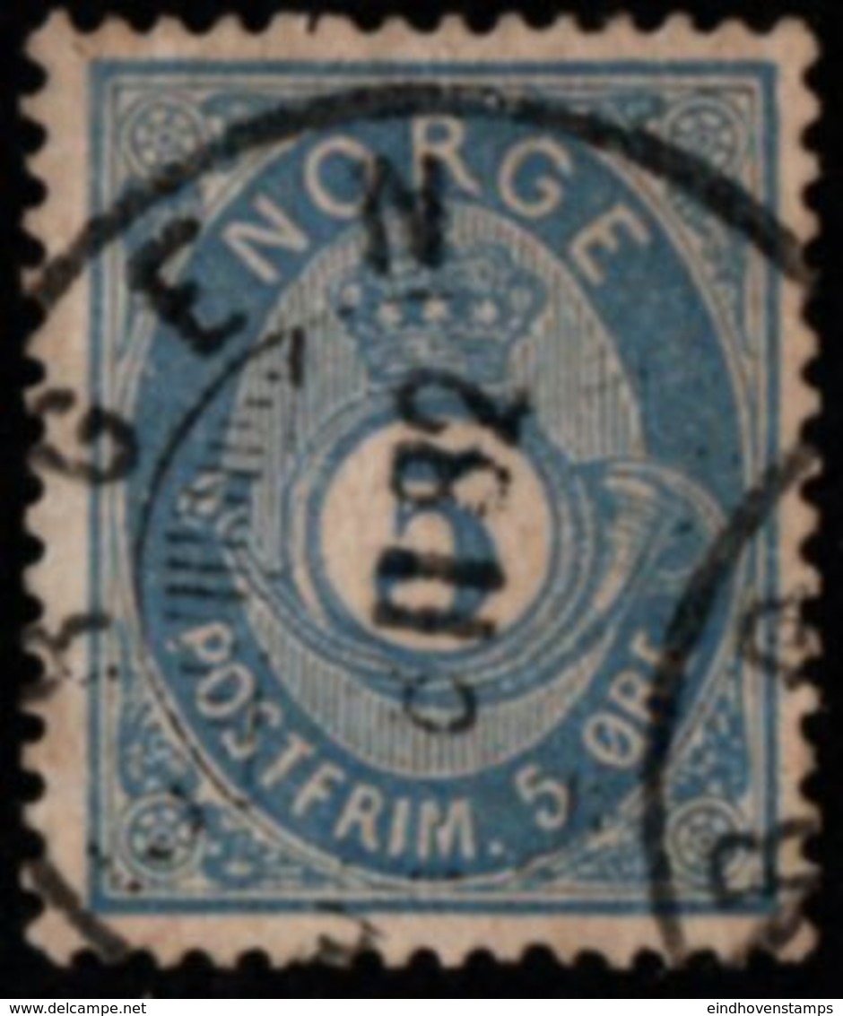 Norway, Norge 1877 Posthorn 5 Ore Blau Cancelled - Gebruikt