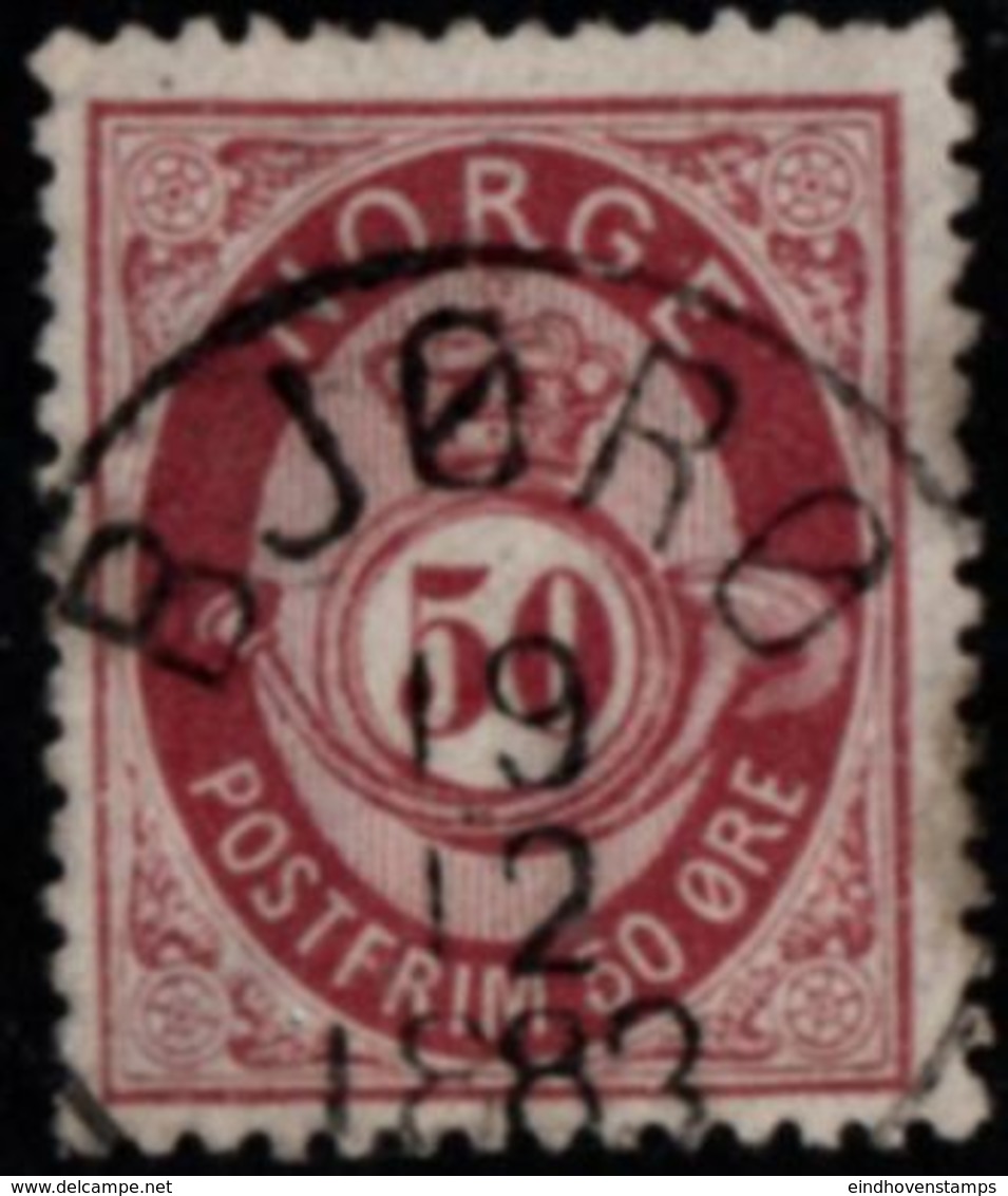Norway, Norge 1877 Posthorn 50 Ore Blau Cancelled Bjoro - Oblitérés