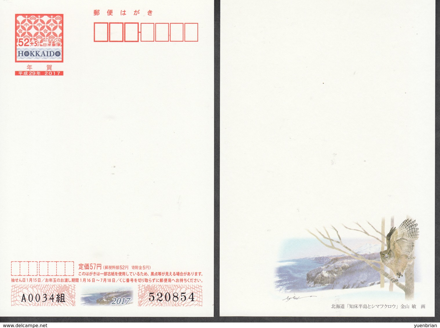 Japan Postal Stationery, Postal Card, 2017 New Year Greeting, World Heritage, Bird, Birds, Owl, Owls, MNH** - Hiboux & Chouettes