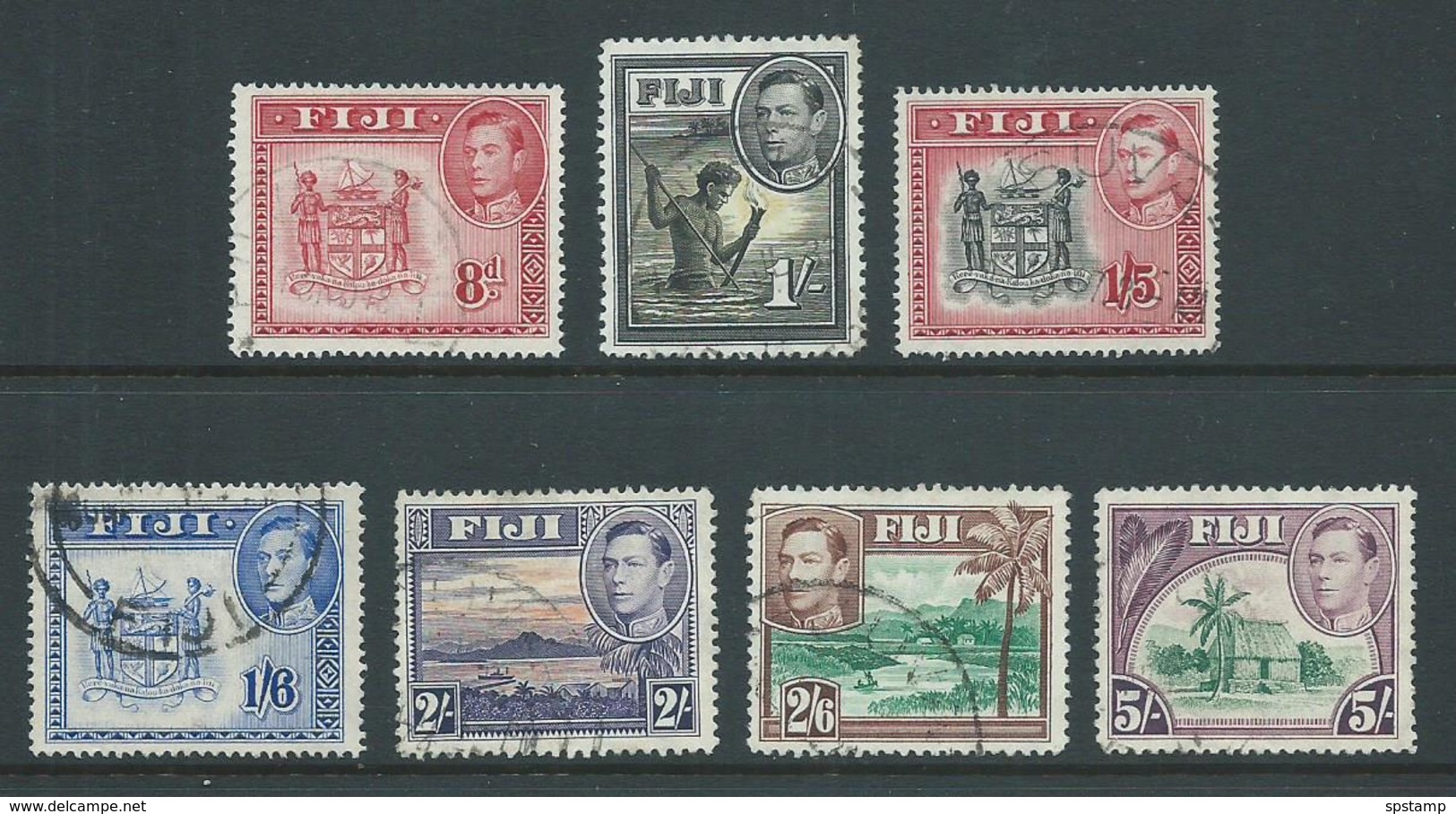 Fiji 1938 - 1955 KGVI Definitives Part Set Of 7 8d Arms -> 5/- Hut FU - Fiji (...-1970)