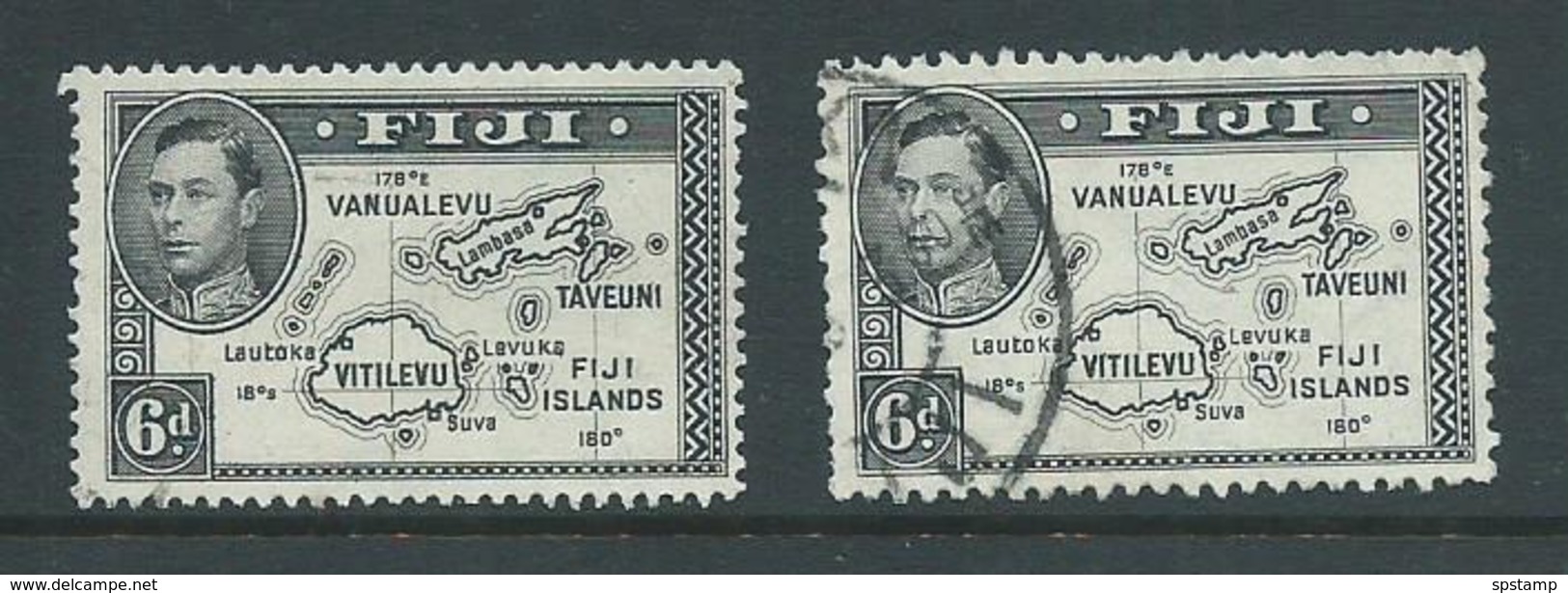 Fiji 1938 - 1955 KGVI Definitives 6d Map With 180 Degrees Both Perforations 13.5 & 12 FU - Fiji (...-1970)