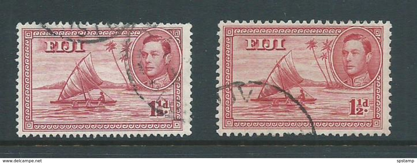 Fiji 1938 - 1955 KGVI Definitives 1&1/2d Canoe With Man Die 2 Both Perforations 13.5 & 12 FU - Fiji (...-1970)