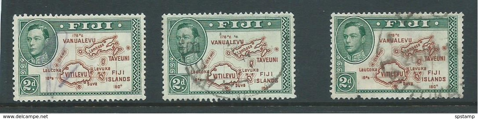 Fiji 1938 - 1955 KGVI Definitives 2d Map With 180 Degrees Die II X 3 Used Copies With Faults - Fiji (...-1970)