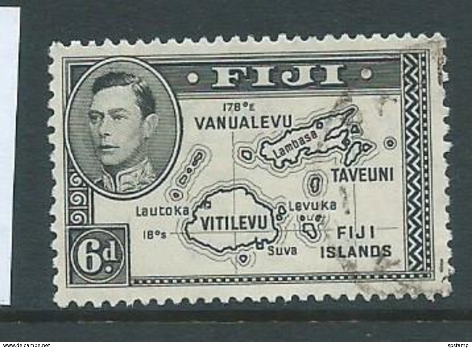 Fiji 1938 - 1955 KGVI Definitives 6d Map No 180 Degrees Die I FU - Fiji (...-1970)