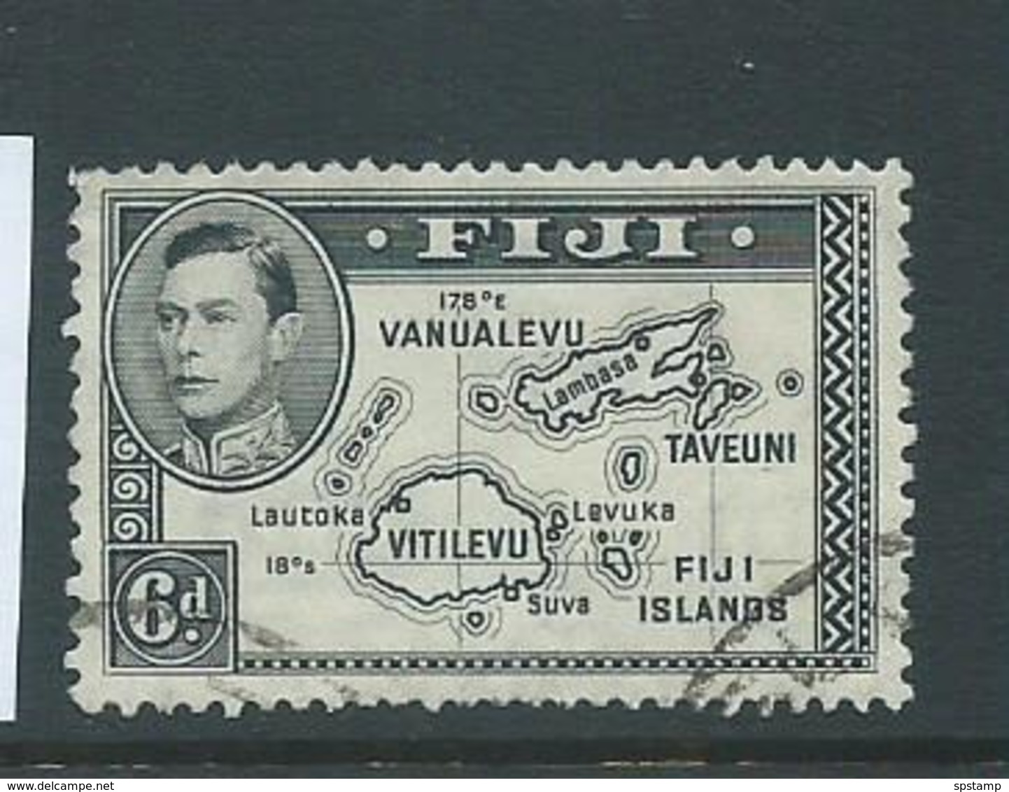 Fiji 1938 - 1955 KGVI Definitives 6d Map No 180 Degrees Die I Used , Small Corner Fault - Fiji (...-1970)