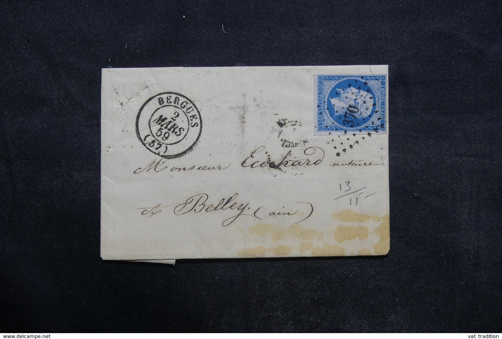 FRANCE - Lettre De Bergues Pour Belley En 1859 , Affranchissement Napoléon PC 370 - L 35847 - 1849-1876: Classic Period