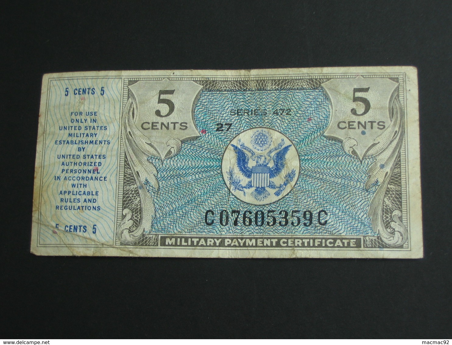 Etats Unis - 5 Cents - Military Payment Certificate - Série 472    **** EN ACHAT IMMEDIAT **** - 1948-1951 - Reeksen 472