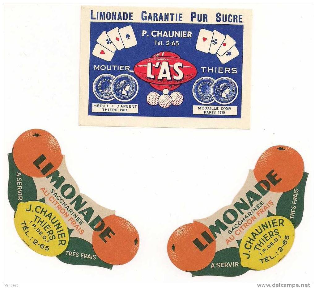 Etiquettes Limonade Pur Sucre  Médailles 1903 Et 1910 Et Saccharinée Au Citron Chaunier à Thiers - Autres & Non Classés