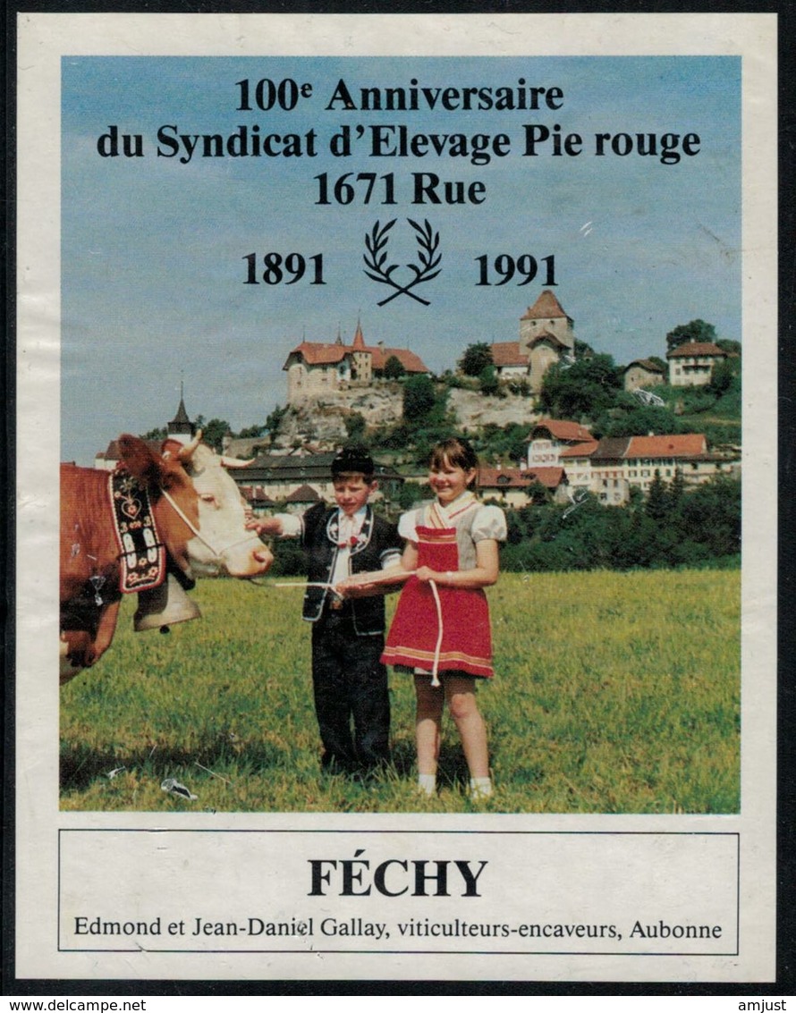 Etiquette De Vin // Féchy, 100 Ans Du Syndicat D'élevage Pie Rouge à Rue - Kühe