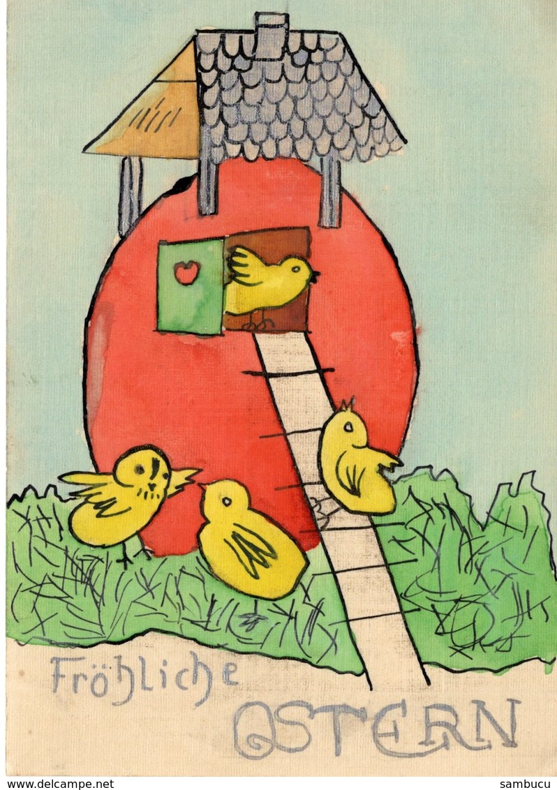 Fröhliche Ostern Handzeichnung Gemalt Ca 1950 ? - Pâques