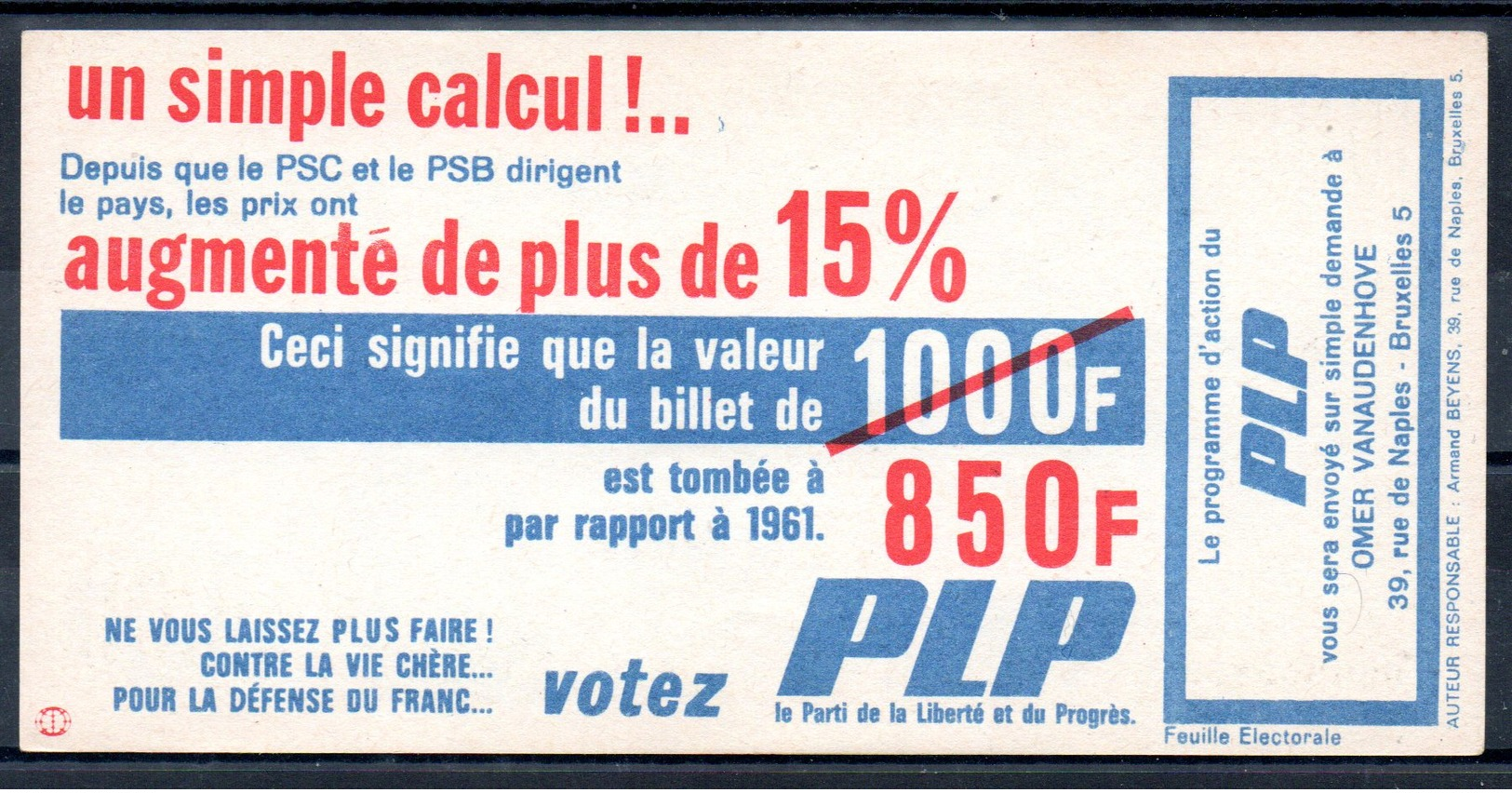 1000 F - Crampe Nationale De Belgique - Billet Tract électoral Du PLP - Altri & Non Classificati