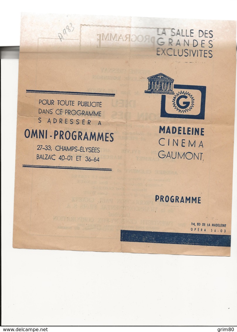 PROGRAMME    MADELEINE   CINEMA   GAUMONT - Programmes