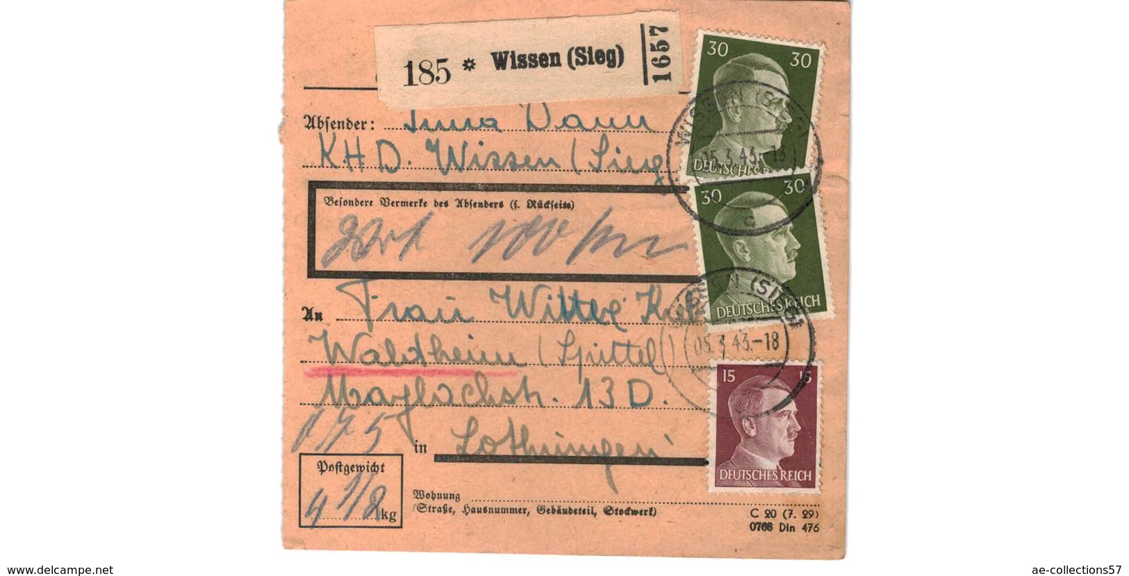 Colis Postal  -  De Wissen ( Sieg )  - Pour Waldheim - Spittel  -  5-3-43 - Covers & Documents