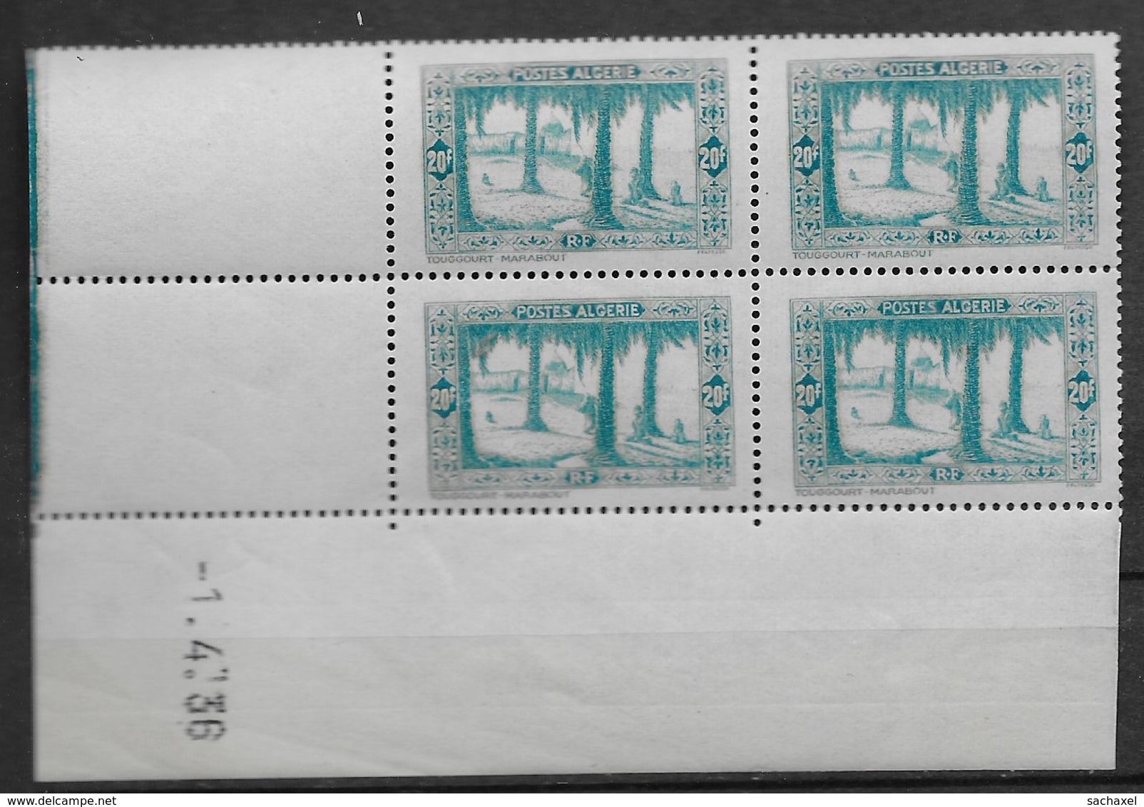 1936 1937 Algérie N° 126 (bloc De 4) Nf** MNH . Coin Daté 1  4 .36 . Marabout à Touggourt - Ongebruikt