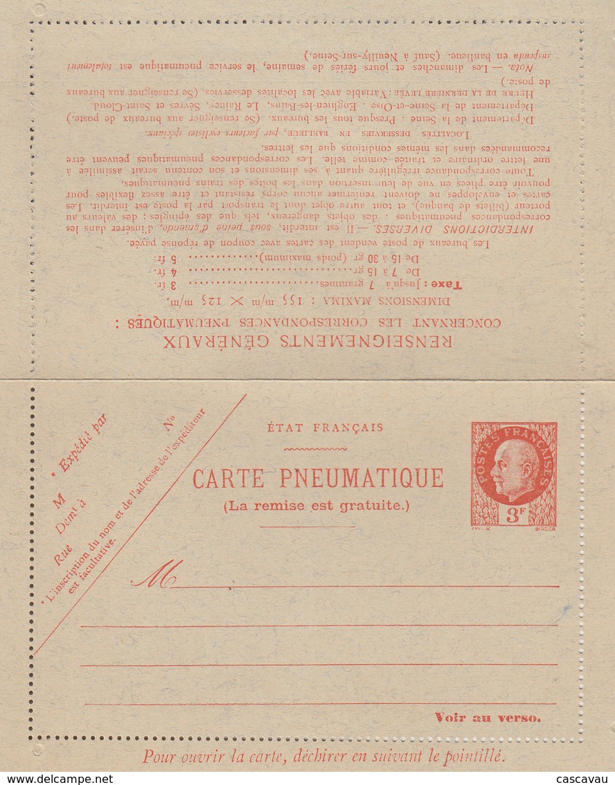 Carte  Neuve   FRANCE   PNEUMATIQUE   Type  PETAIN  De  BERSIER   1943 - Pneumatic Post